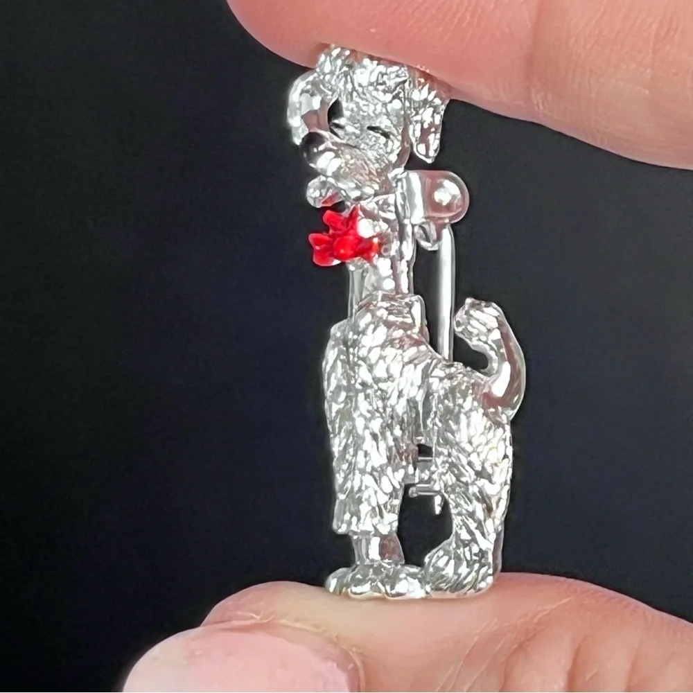 vintage silver tone poodle pin brooch red bow pin‎ back 1.5 inches